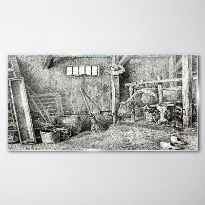 Glasbild Ein Pferch mit Kühen und Werkzeug
