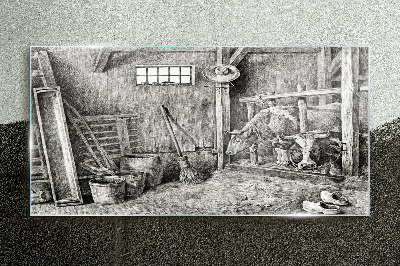 Glasbild Ein Pferch mit Kühen und Werkzeug
