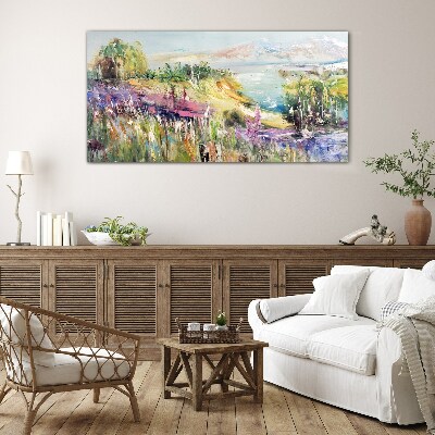 Glasbild Farbenfrohe Küstenlandschaft
