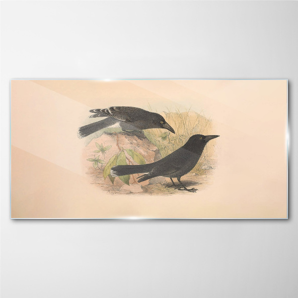 Glasbild Schwarze Vögel auf pastellfarbenem Hintergrund
