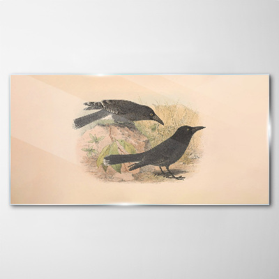 Glasbild Schwarze Vögel auf pastellfarbenem Hintergrund