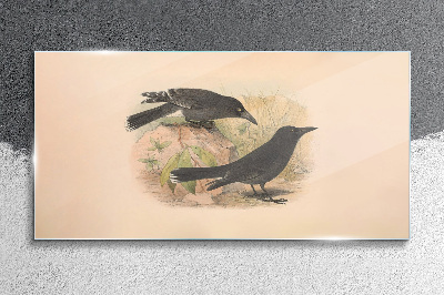 Glasbild Schwarze Vögel auf pastellfarbenem Hintergrund