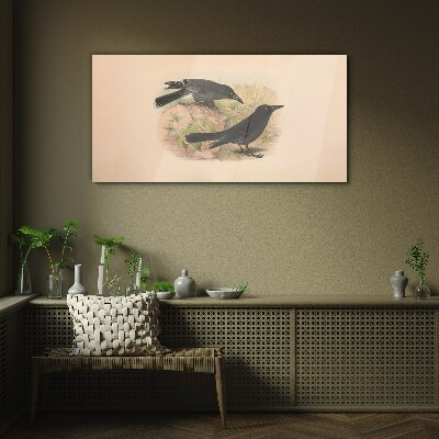Glasbild Schwarze Vögel auf pastellfarbenem Hintergrund