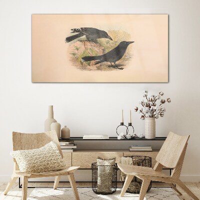 Glasbild Schwarze Vögel auf pastellfarbenem Hintergrund
