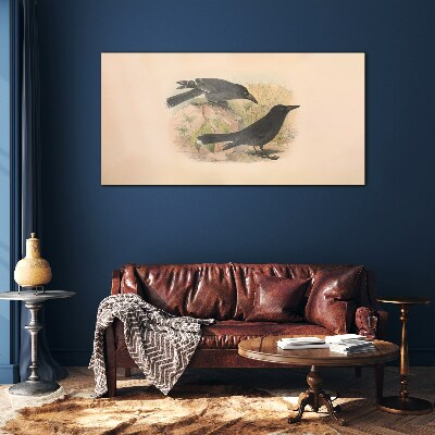 Glasbild Schwarze Vögel auf pastellfarbenem Hintergrund