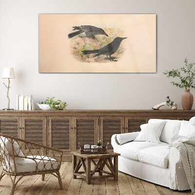 Glasbild Schwarze Vögel auf pastellfarbenem Hintergrund