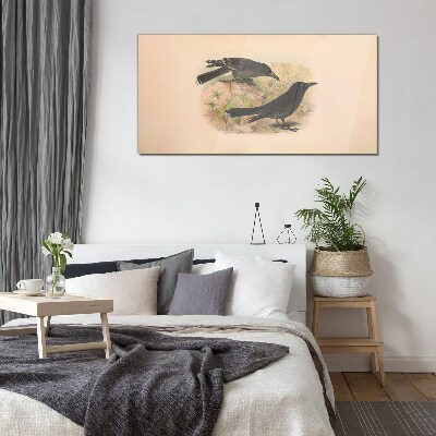 Glasbild Schwarze Vögel auf pastellfarbenem Hintergrund