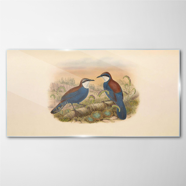 Glasbild Vögel sprechen in Pastelllandschaft