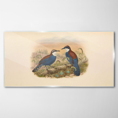 Glasbild Vögel sprechen in Pastelllandschaft