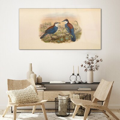 Glasbild Vögel sprechen in Pastelllandschaft