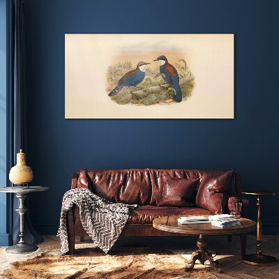 Glasbild Vögel sprechen in Pastelllandschaft