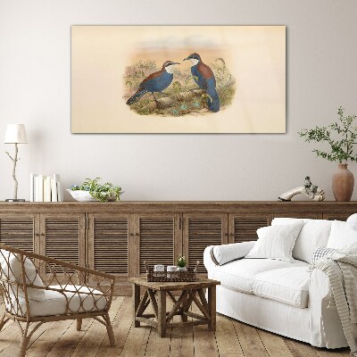 Glasbild Vögel sprechen in Pastelllandschaft