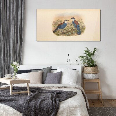 Glasbild Vögel sprechen in Pastelllandschaft
