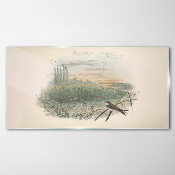 Foto glasbild Friedliche Landschaft mit einem Vogel