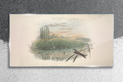 Foto glasbild Friedliche Landschaft mit einem Vogel