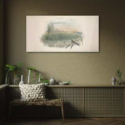 Foto glasbild Friedliche Landschaft mit einem Vogel