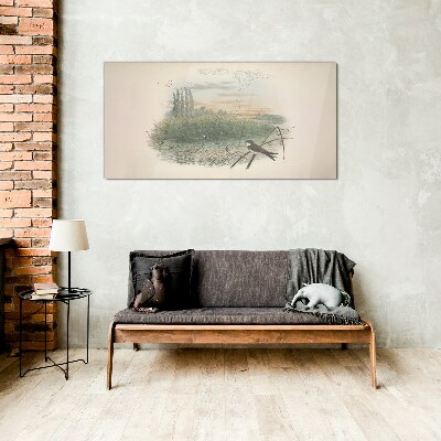 Foto glasbild Friedliche Landschaft mit einem Vogel