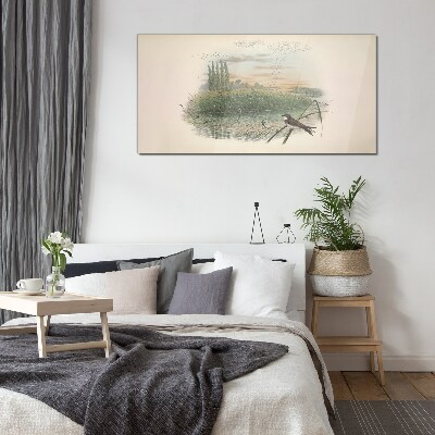 Foto glasbild Friedliche Landschaft mit einem Vogel