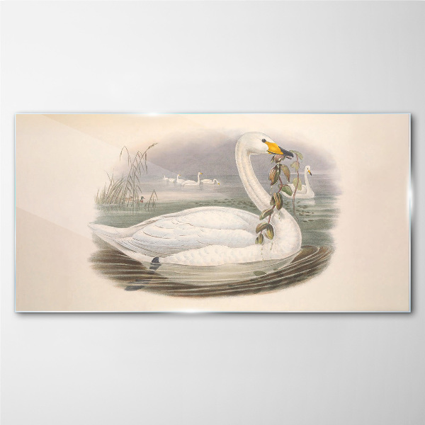 Glasbild Schwan mit einem Zweig