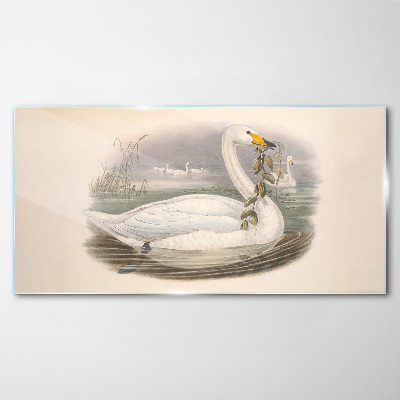 Glasbild Schwan mit einem Zweig
