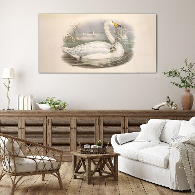 Glasbild Schwan mit einem Zweig