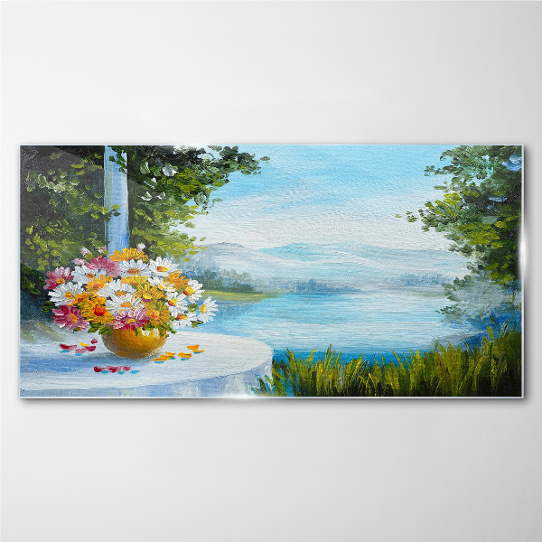 Glasbild Blumenstrauß am See