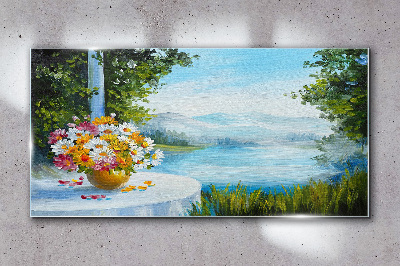 Glasbild Blumenstrauß am See