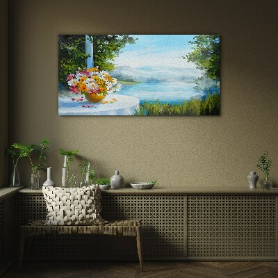 Glasbild Blumenstrauß am See