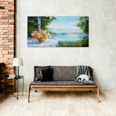 Glasbild Blumenstrauß am See