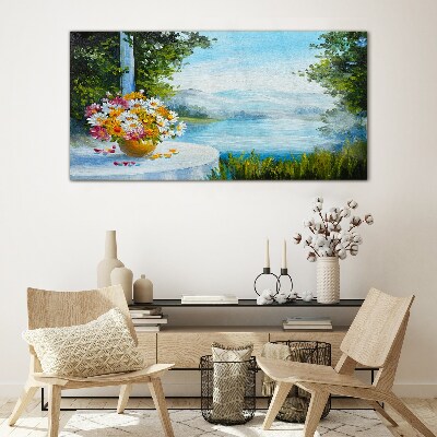 Glasbild Blumenstrauß am See