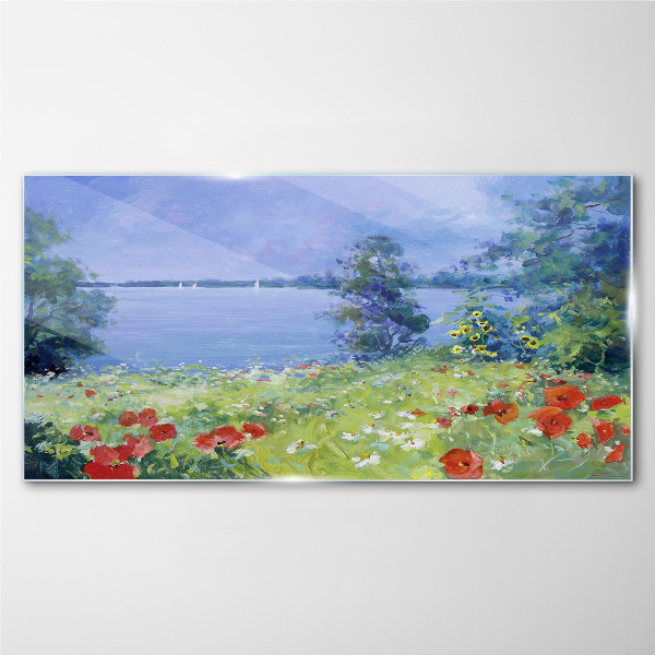 Glasbild Blumenlandschaft am See