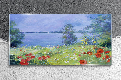Glasbild Blumenlandschaft am See