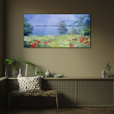 Glasbild Blumenlandschaft am See