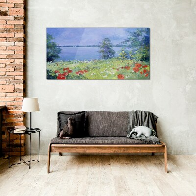 Glasbild Blumenlandschaft am See