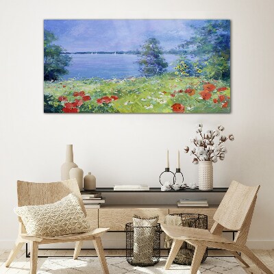 Glasbild Blumenlandschaft am See