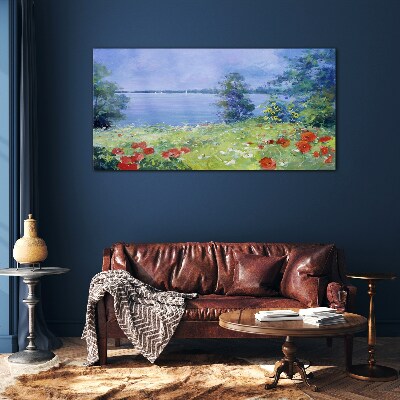 Glasbild Blumenlandschaft am See