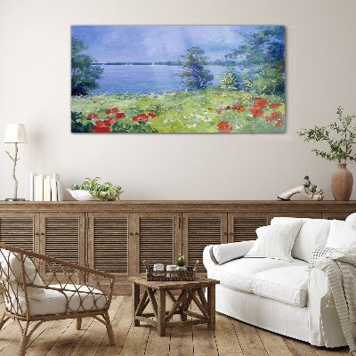 Glasbild Blumenlandschaft am See