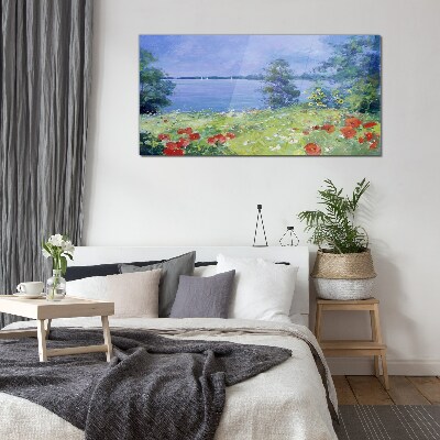 Glasbild Blumenlandschaft am See