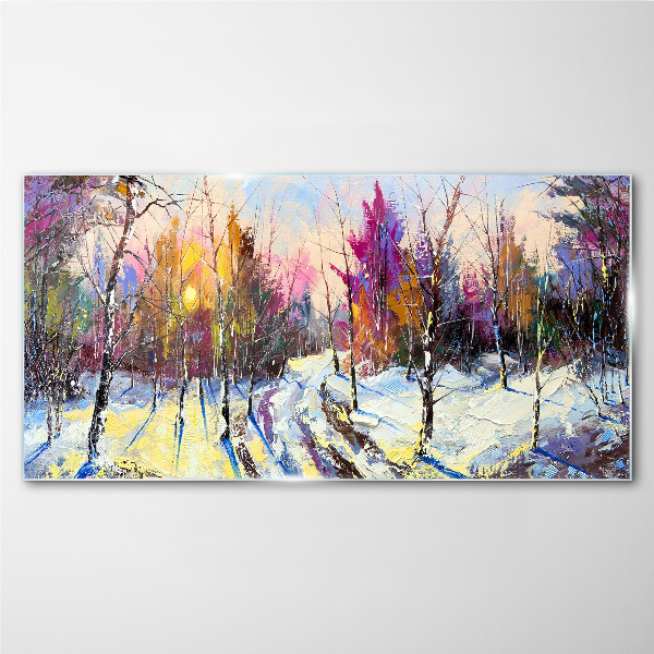 Glas bild Winterlandschaft in Sonnenuntergangsfarben