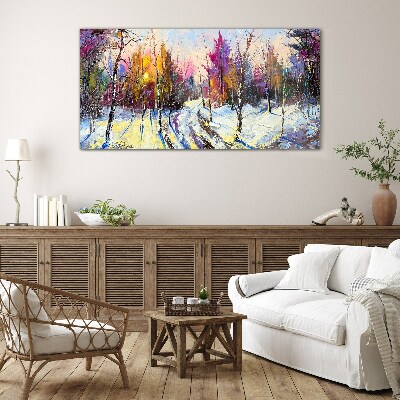 Glas bild Winterlandschaft in Sonnenuntergangsfarben