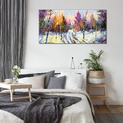 Glas bild Winterlandschaft in Sonnenuntergangsfarben