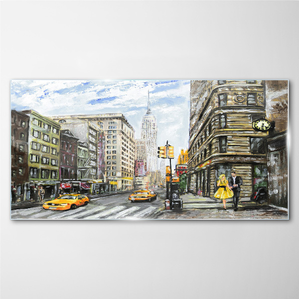 Glasbild New Yorker Straße in gelben Taxis