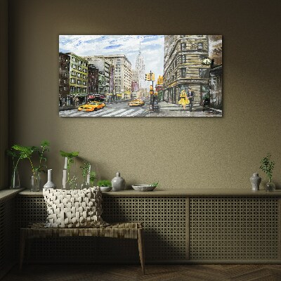 Glasbild New Yorker Straße in gelben Taxis