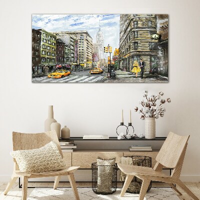 Glasbild New Yorker Straße in gelben Taxis