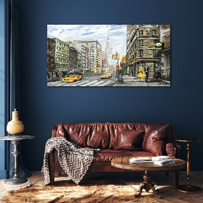 Glasbild New Yorker Straße in gelben Taxis