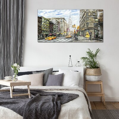 Glasbild New Yorker Straße in gelben Taxis
