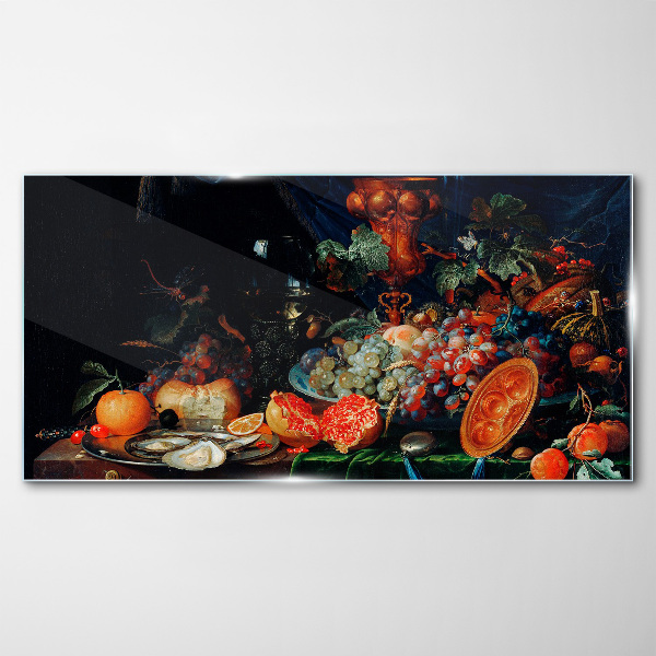 Glasbild Stillleben mit Früchten und Muscheln