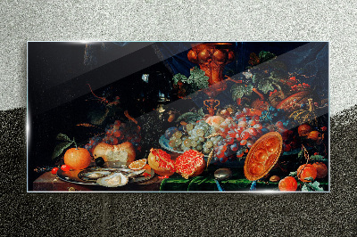 Glasbild Stillleben mit Früchten und Muscheln