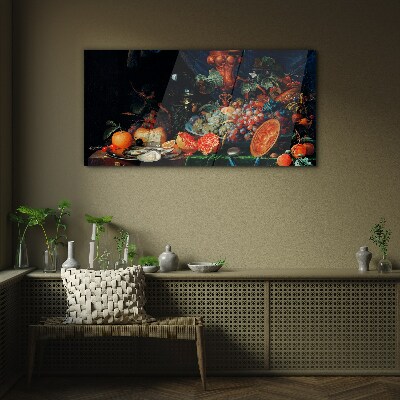 Glasbild Stillleben mit Früchten und Muscheln
