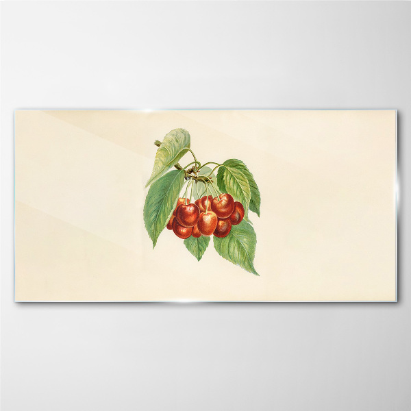 Glasbild Rote Kirschen auf pastellfarbenem Hintergrund